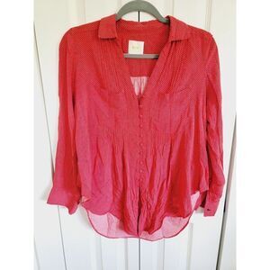 Maeve Anthropologie S Matilda Shirt Red White Dots Long Sleeve Small Button Frnt
